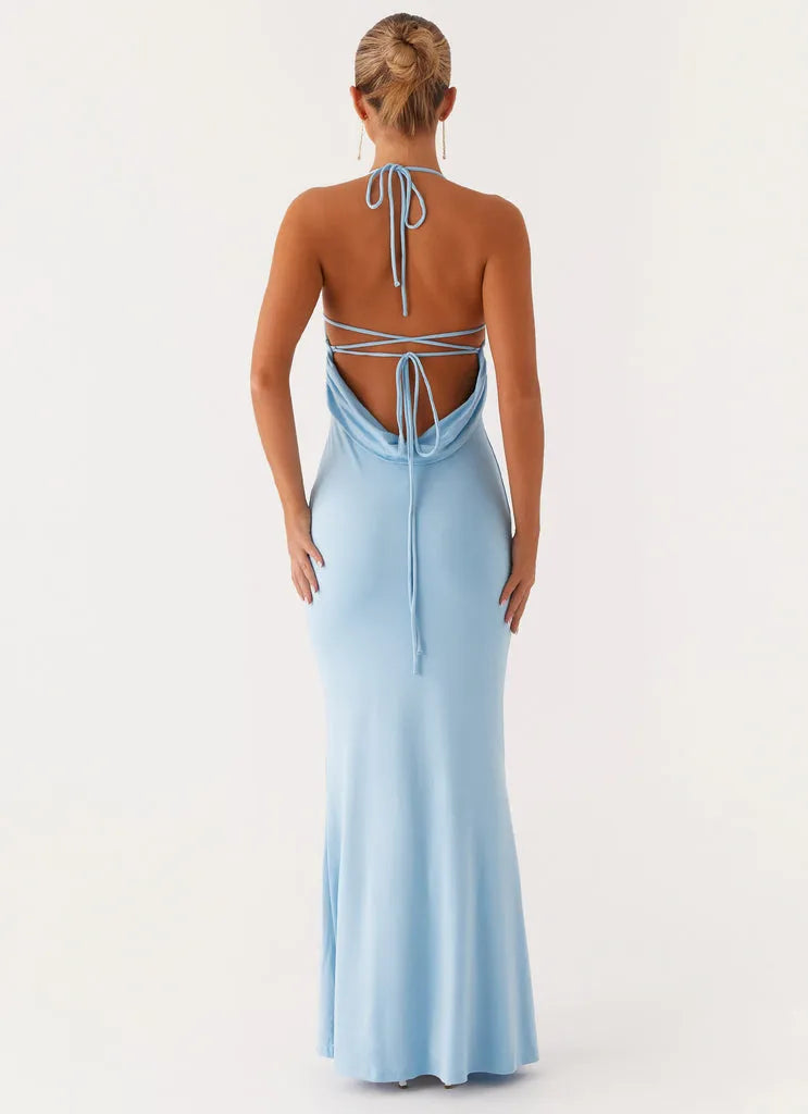 Chic Sky Blue Bodycon Prom Dress Halter Neckline Thin Straps Mermaid Fit and Floor-Length Design for a Stunning Look