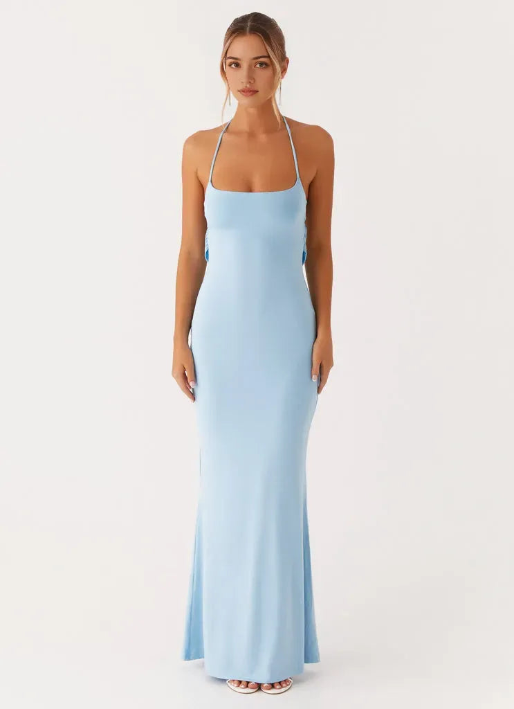 Chic Sky Blue Bodycon Prom Dress Halter Neckline Thin Straps Mermaid Fit and Floor-Length Design for a Stunning Look