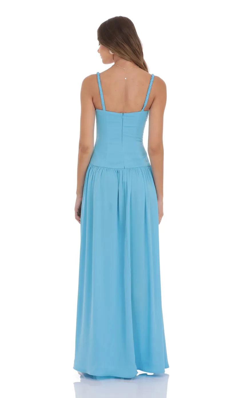 Chic Sky  Blue Prom Dress with Ruched Square Neck Smocked Straps and Floor - Length Flowy Skirt  A Perfect Choice for Prom Evenings