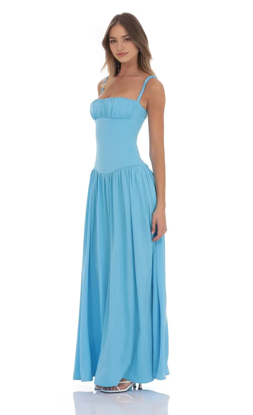 Chic Sky  Blue Prom Dress with Ruched Square Neck Smocked Straps and Floor - Length Flowy Skirt  A Perfect Choice for Prom Evenings