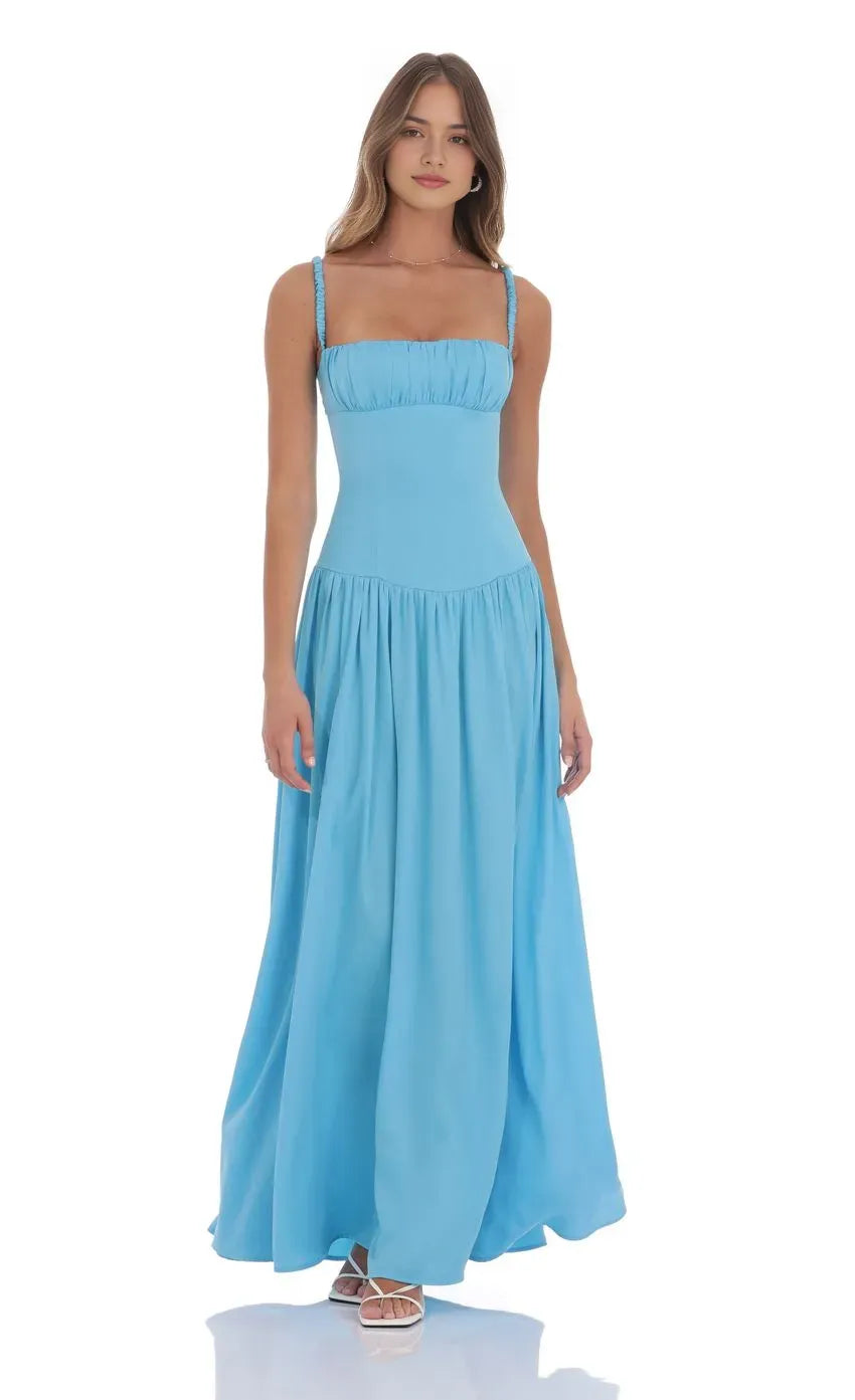 Chic Sky  Blue Prom Dress with Ruched Square Neck Smocked Straps and Floor - Length Flowy Skirt  A Perfect Choice for Prom Evenings