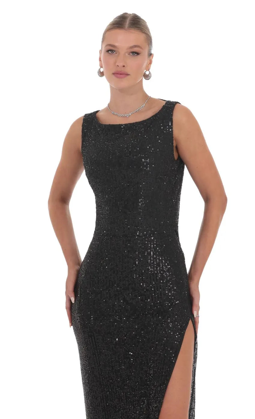 Chic Sleeveless Black Sequin Prom Dress High Slit Detail  All Over Sparkle Dance the Night Away at Prom