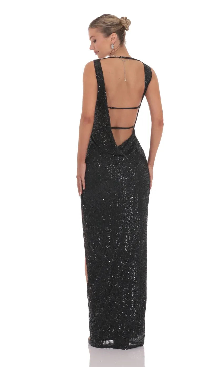 Chic Sleeveless Black Sequin Prom Dress High Slit Detail  All Over Sparkle Dance the Night Away at Prom