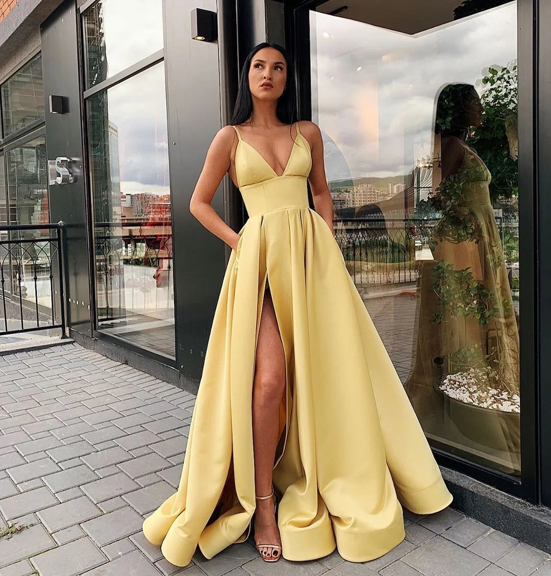 Chic Spaghetti Strap Pocket Satin Maxi Party Dress