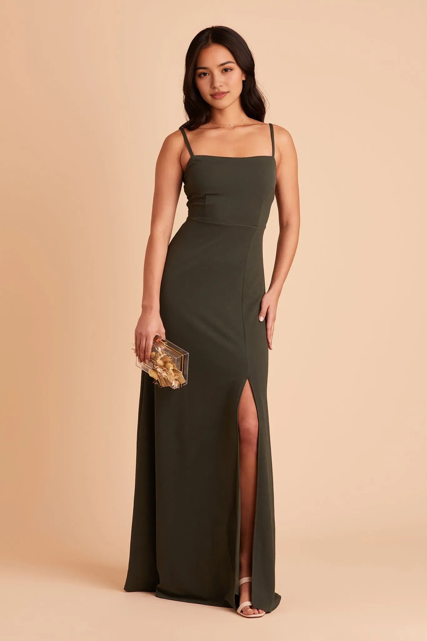 Chic Spaghetti Strap Square Neck Prom Dresses in Olive Green Side Slit for Glamorous Balls and Parties
