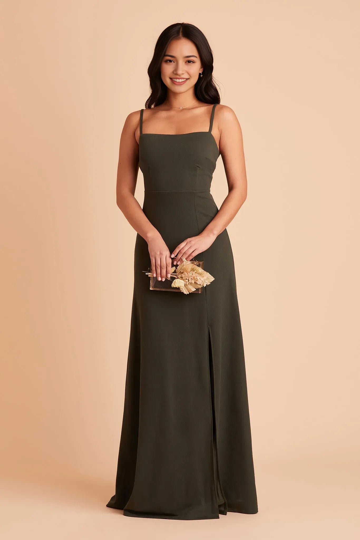 Chic Spaghetti Strap Square Neck Prom Dresses in Olive Green Side Slit for Glamorous Balls and Parties