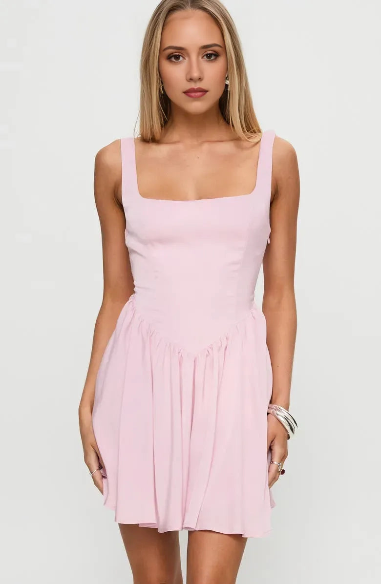 Chic Square Neckline Fit  and Flare Pink Satin Homecoming Dress for College Back  to School Events Elegant Party Outfit