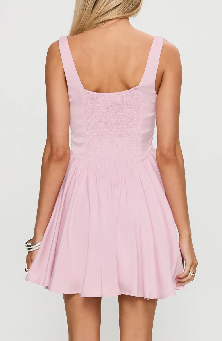 Chic Square Neckline Fit  and Flare Pink Satin Homecoming Dress for College Back  to School Events Elegant Party Outfit