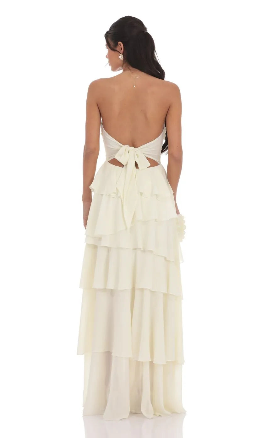 Chic Strapless Ivory Chiffon Prom Dress with Tiered Ruffles Ruched Bodice Side Slit  A Must - Have for Sophisticated Proms