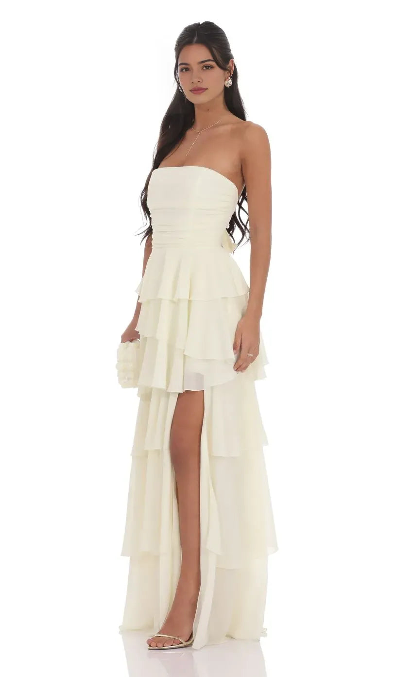 Chic Strapless Ivory Chiffon Prom Dress with Tiered Ruffles Ruched Bodice Side Slit  A Must - Have for Sophisticated Proms
