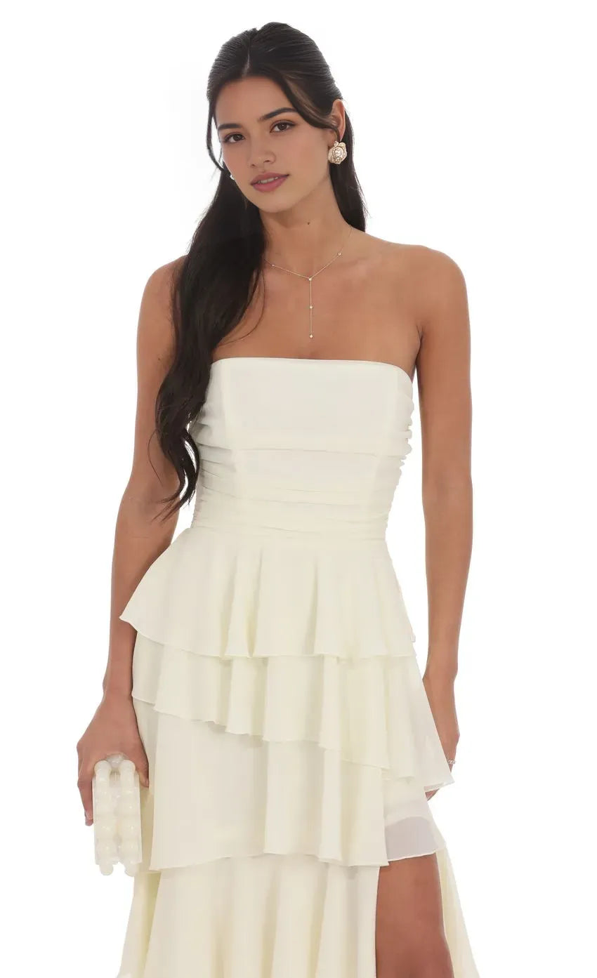 Chic Strapless Ivory Chiffon Prom Dress with Tiered Ruffles Ruched Bodice Side Slit  A Must - Have for Sophisticated Proms