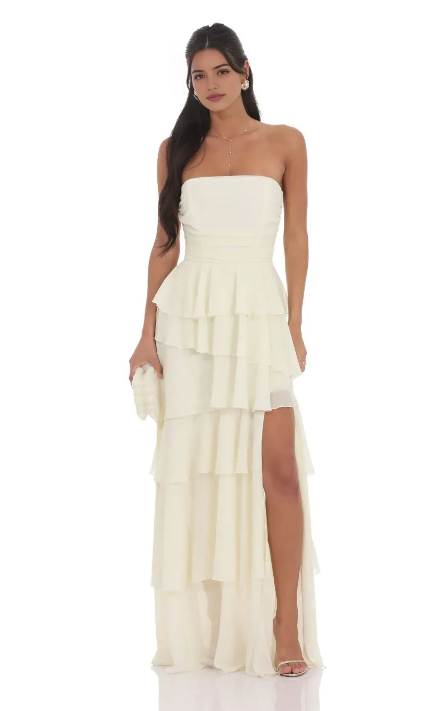 Chic Strapless Ivory Chiffon Prom Dress with Tiered Ruffles Ruched Bodice Side Slit  A Must - Have for Sophisticated Proms
