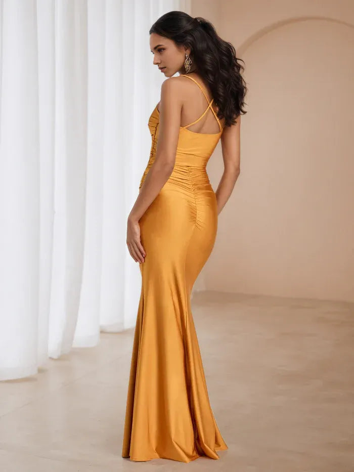 Chic Sunset Gold Satin Prom Dress Cowl Neckline Spaghetti Straps  Ruched Design for Glamorous Galas