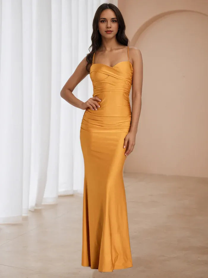 Chic Sunset Gold Satin Prom Dress Cowl Neckline Spaghetti Straps  Ruched Design for Glamorous Galas