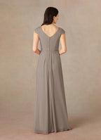 Chic Taupe Mermaid Lace Mother of the Bride Dress with Boat Neckline Ruched Chiffon Skirt and Embellished Cap Sleeves