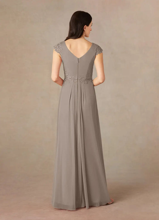 Chic Taupe Mermaid Lace Mother of the Bride Dress with Boat Neckline Ruched Chiffon Skirt and Embellished Cap Sleeves