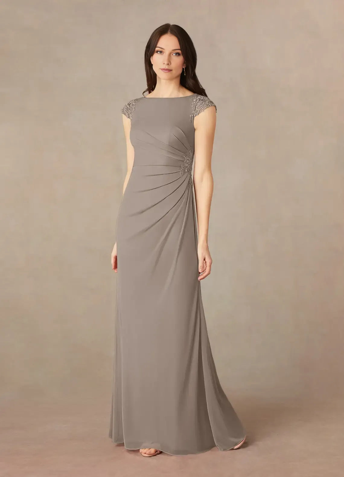 Chic Taupe Mermaid Lace Mother of the Bride Dress with Boat Neckline Ruched Chiffon Skirt and Embellished Cap Sleeves