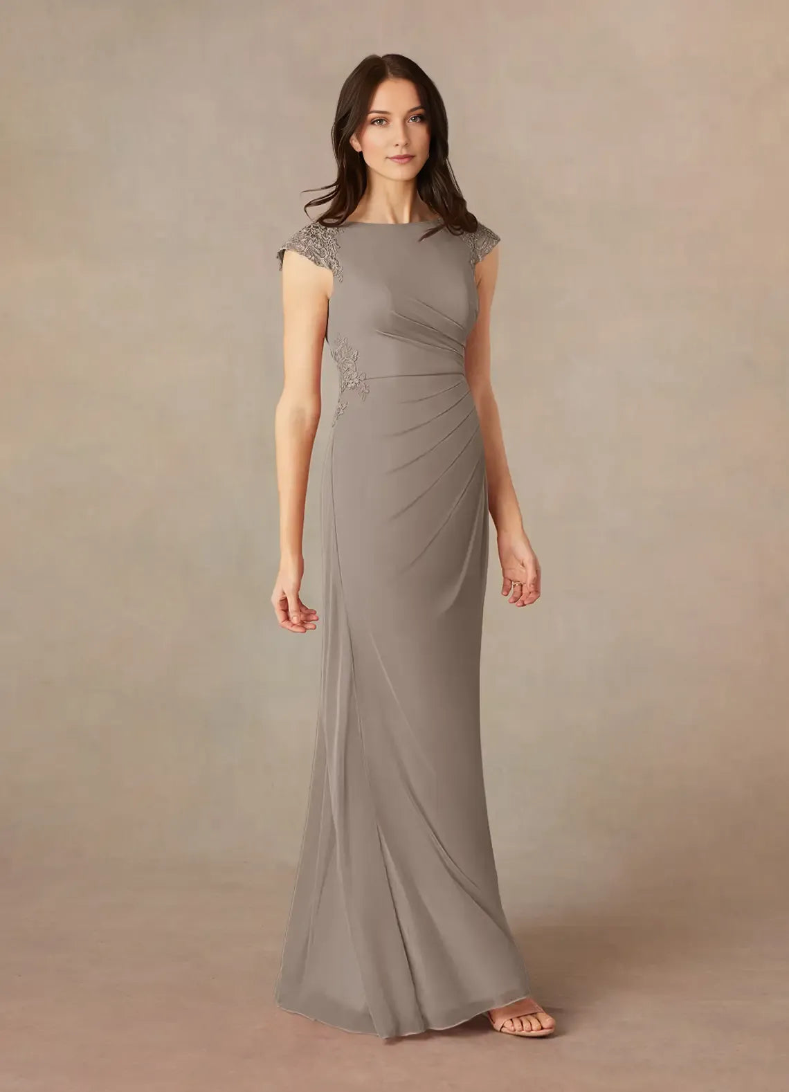 Chic Taupe Mermaid Lace Mother of the Bride Dress with Boat Neckline Ruched Chiffon Skirt and Embellished Cap Sleeves