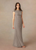 Chic Taupe Mermaid Lace Mother of the Bride Dress with Boat Neckline Ruched Chiffon Skirt and Embellished Cap Sleeves