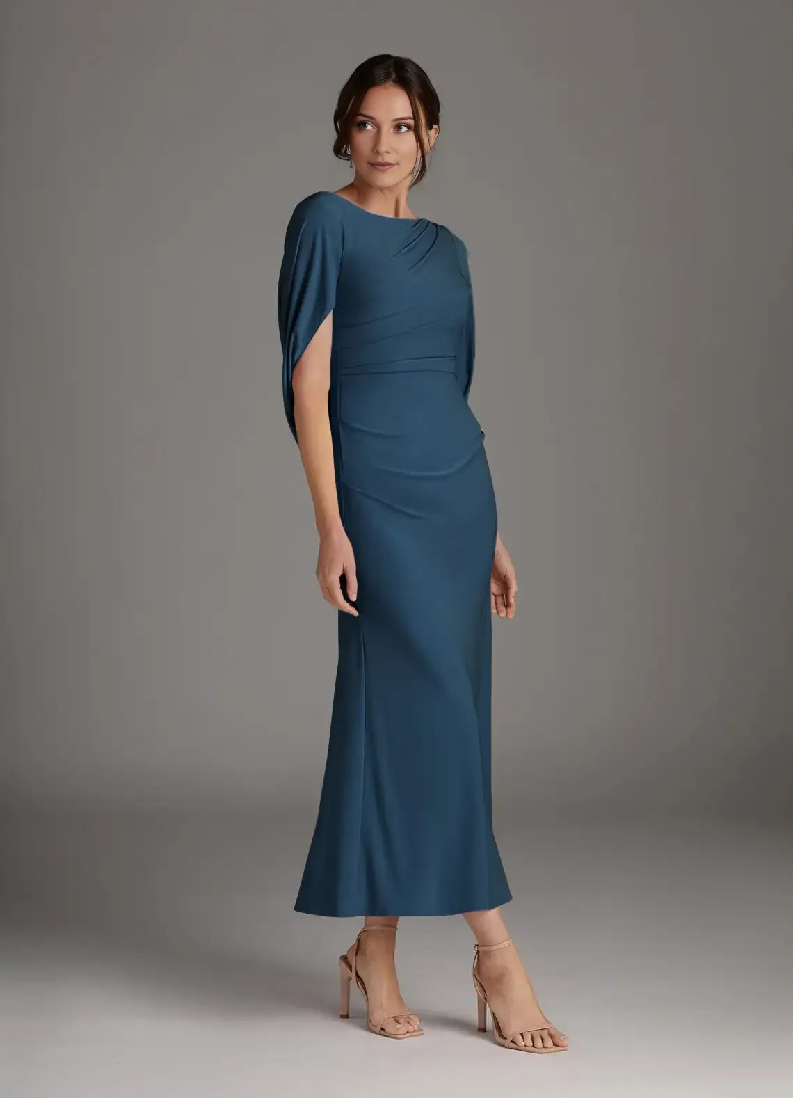 Chic Teal Mother of the Bride Dress with Asymmetric Draped Sleeves Boat Neckline and Bodycon Silhouette for Modern Formal Occasions