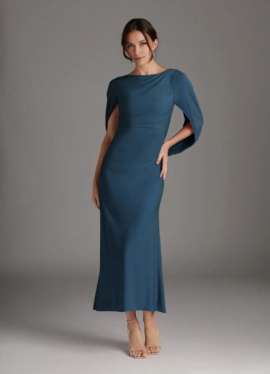 Chic Teal Mother of the Bride Dress with Asymmetric Draped Sleeves Boat Neckline and Bodycon Silhouette for Modern Formal Occasions