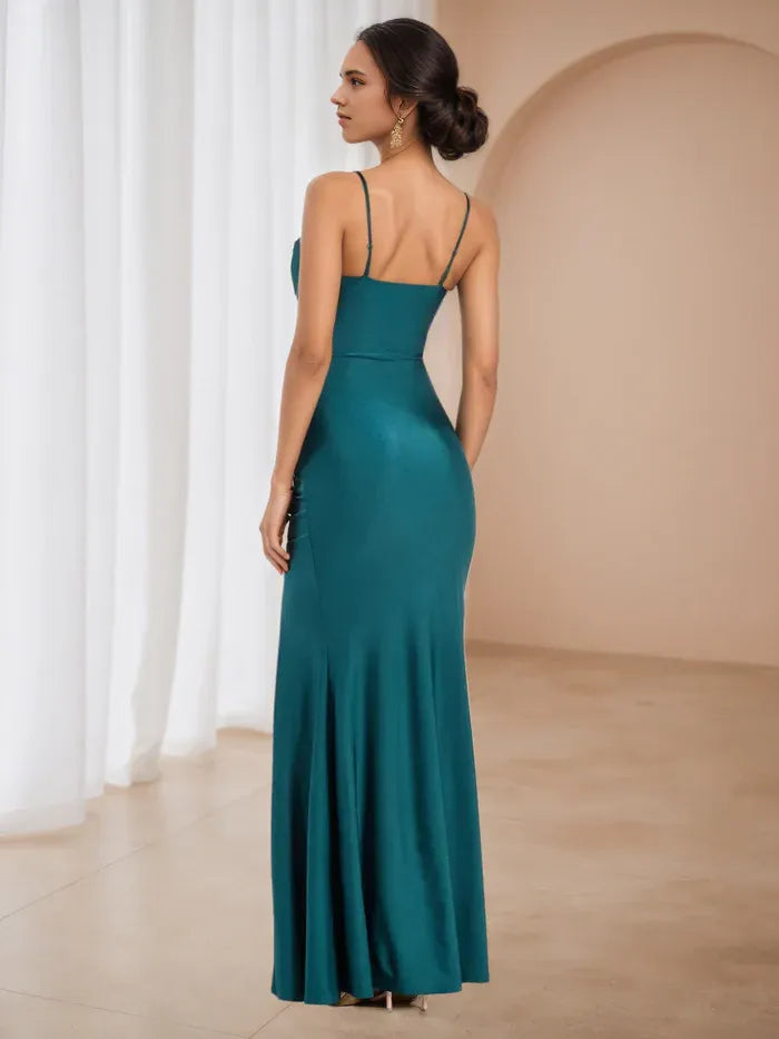 Chic Teal Ruched Prom Dress Square Neckline Spaghetti Straps  Figure - Hugging Fit for Glamorous Galas