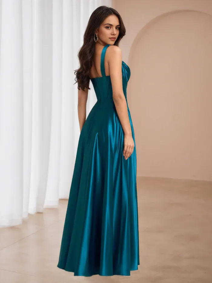 Chic Teal Satin Square  Neck Prom Gown High Slit Design Perfect for Glamorous Galas