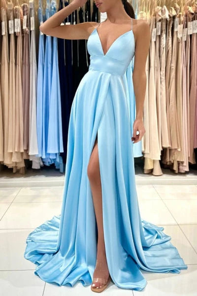Chic V-neck Sleeveless Satin Evening Dress With Slit Long Blue