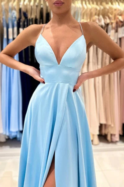 Chic V-neck Sleeveless Satin Evening Dress With Slit Long Blue
