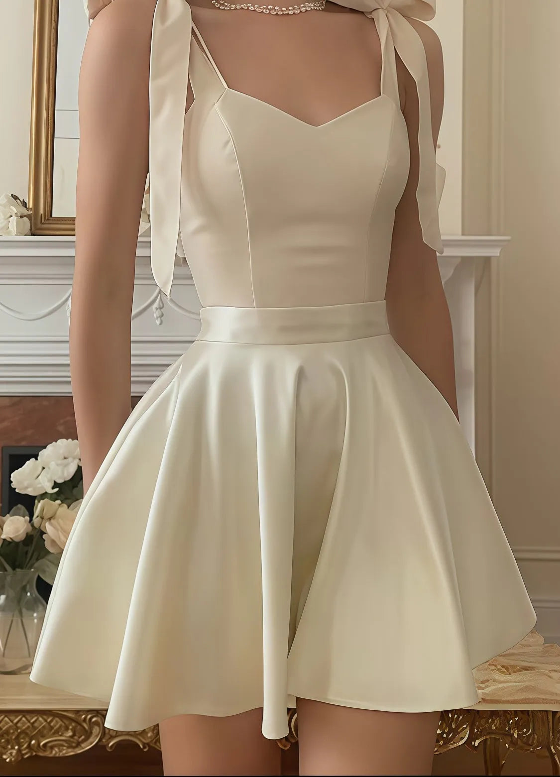 Chic White A-Line  Satin Homecoming Dress with Bow Strap  Sweetheart Neckline Flared Skirt for Prom Night