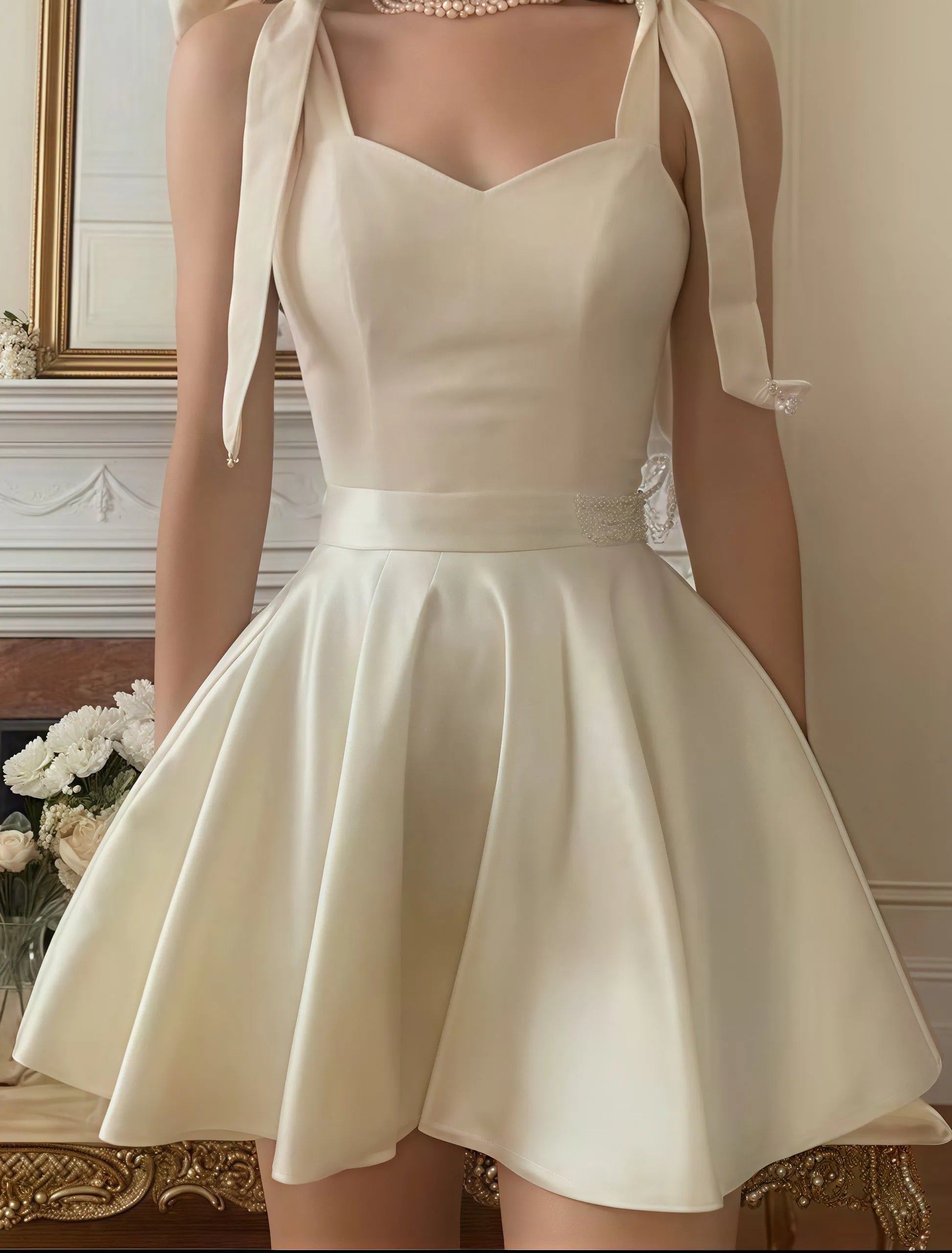 Chic White A-Line  Satin Homecoming Dress with Bow Strap  Sweetheart Neckline Flared Skirt for Prom Night