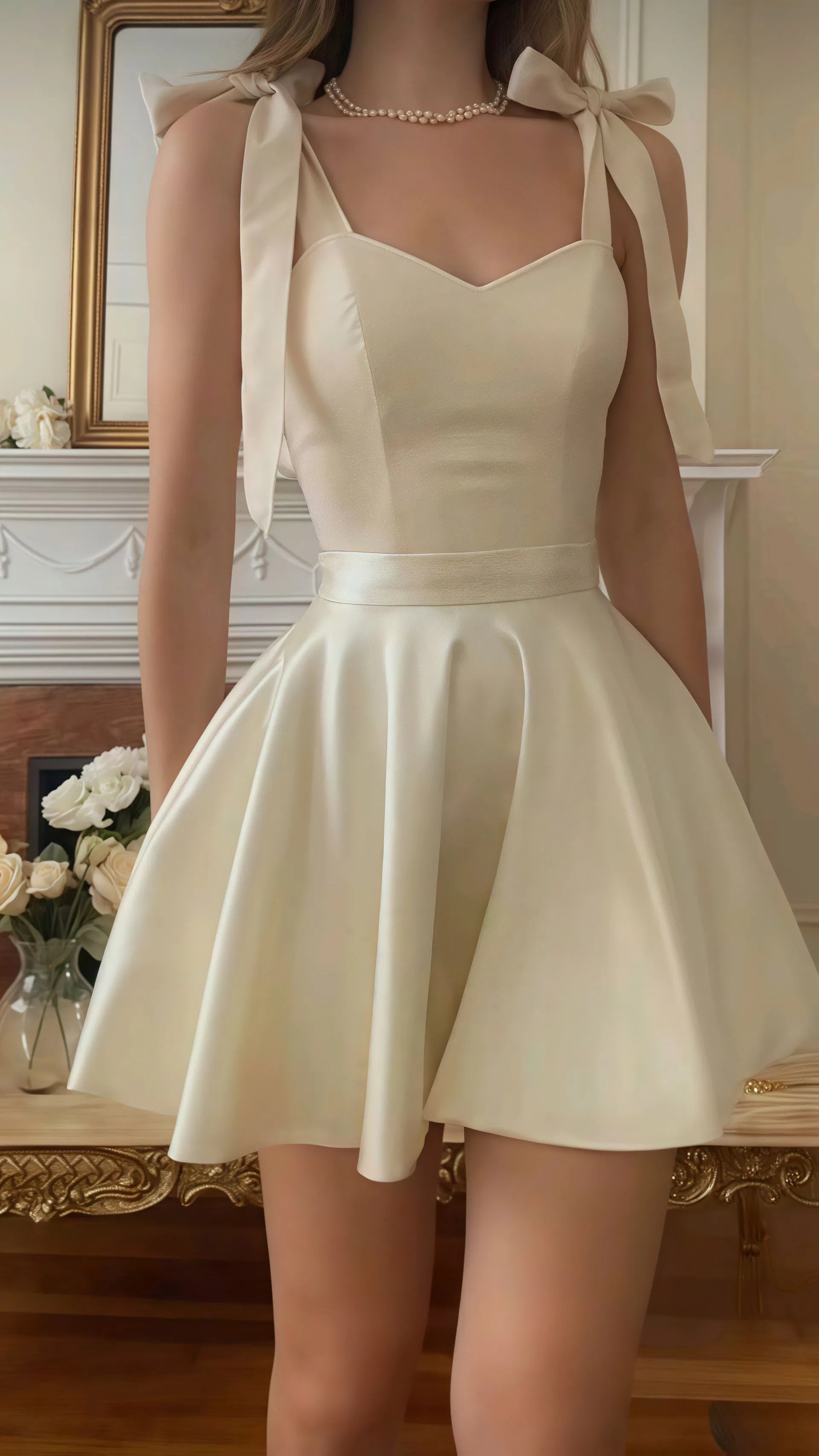 Chic White A-Line  Satin Homecoming Dress with Bow Strap  Sweetheart Neckline Flared Skirt for Prom Night