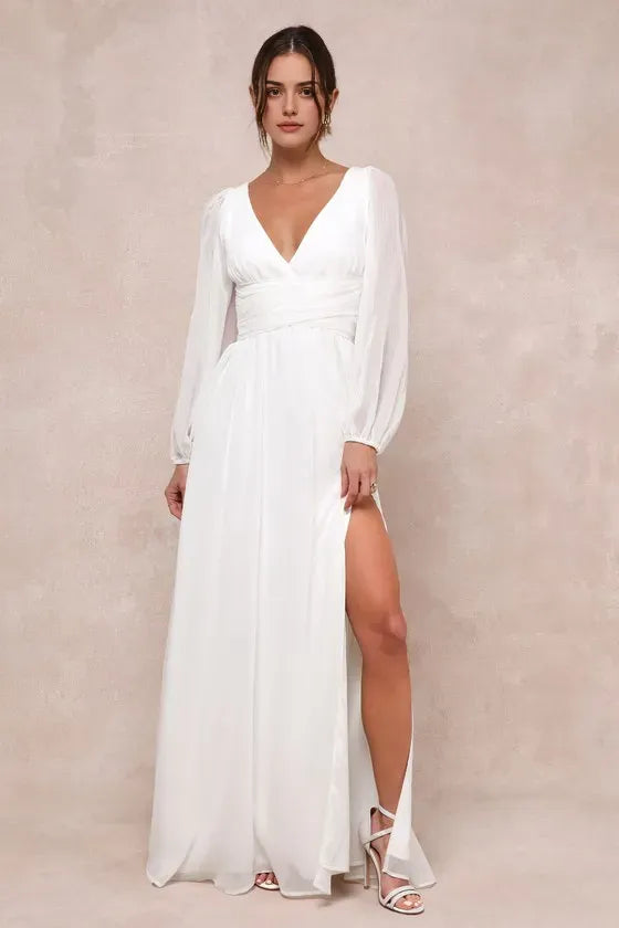 Chic White Chiffon Evening Dress with Deep V - Neck Sheer Sleeves Subtle Slit Ideal for Understated Luxury Events