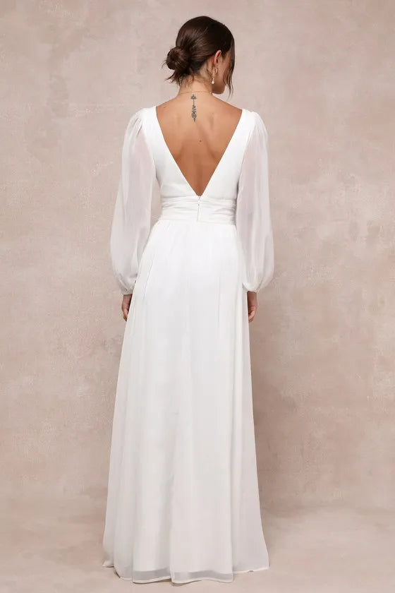 Chic White Chiffon Evening Dress with Deep V - Neck Sheer Sleeves Subtle Slit Ideal for Understated Luxury Events