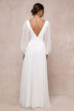 Chic White Chiffon Evening Dress with Deep V - Neck Sheer Sleeves Subtle Slit Ideal for Understated Luxury Events