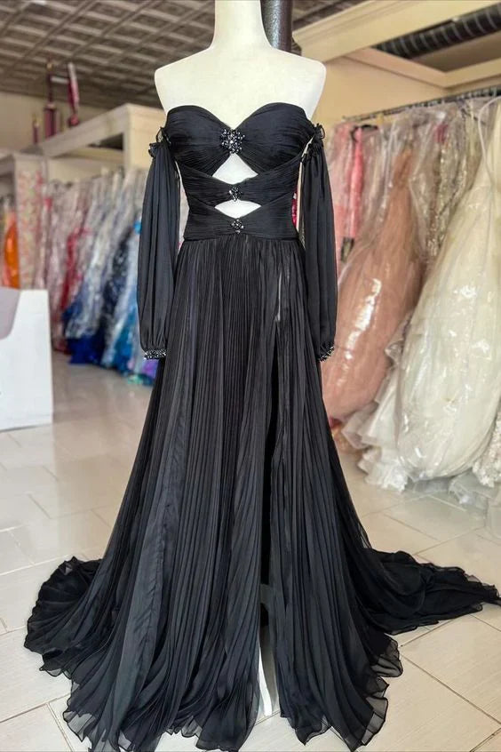 DingJiDress A Line Sweetheart Chiffon Prom Dresses with slit beades Charming