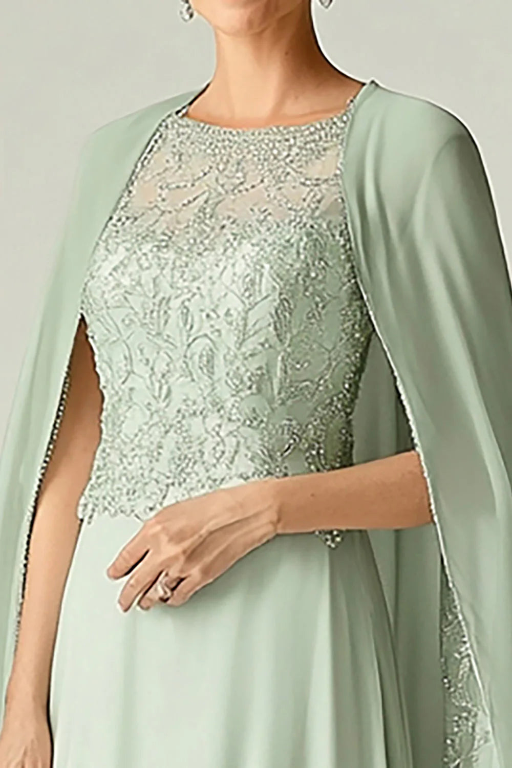 Chiffon Cape - Accented Light Green Mother's Formal Dress