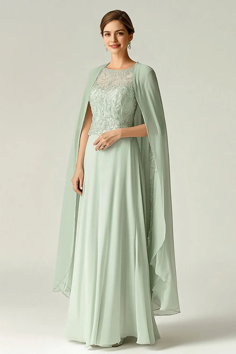 Chiffon Cape - Accented Light Green Mother's Formal Dress
