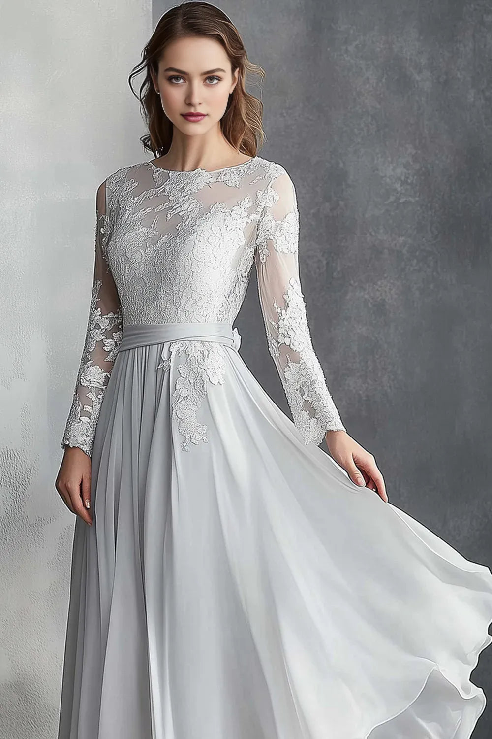 Chiffon Grey A Line Mother of the Bride Dress with Lace Appliques