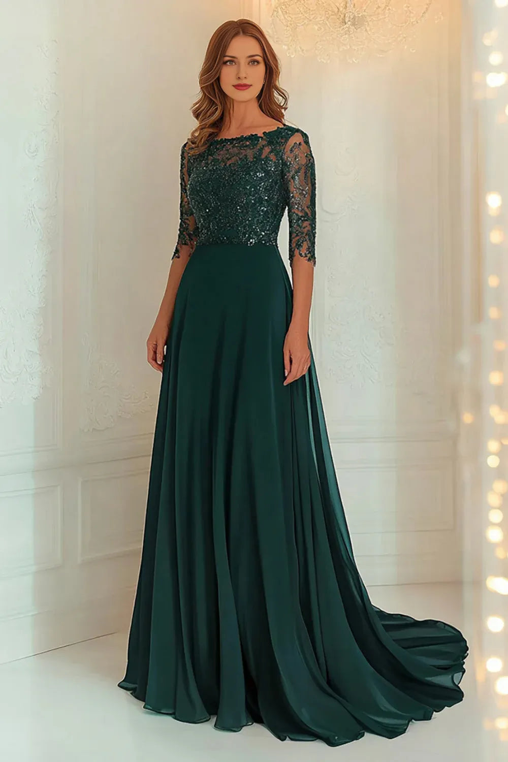 Chiffon Lace Dark Green Mother Of The Dress with 3/4 Sleeves ﻿