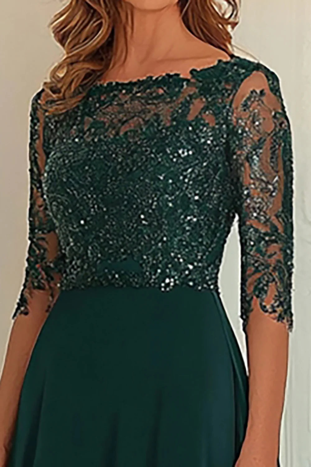 Chiffon Lace Dark Green Mother Of The Dress with 3/4 Sleeves ﻿