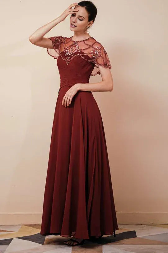 Chiffon Mother of the Bride Dresses pleated long skirt with beaded shawl