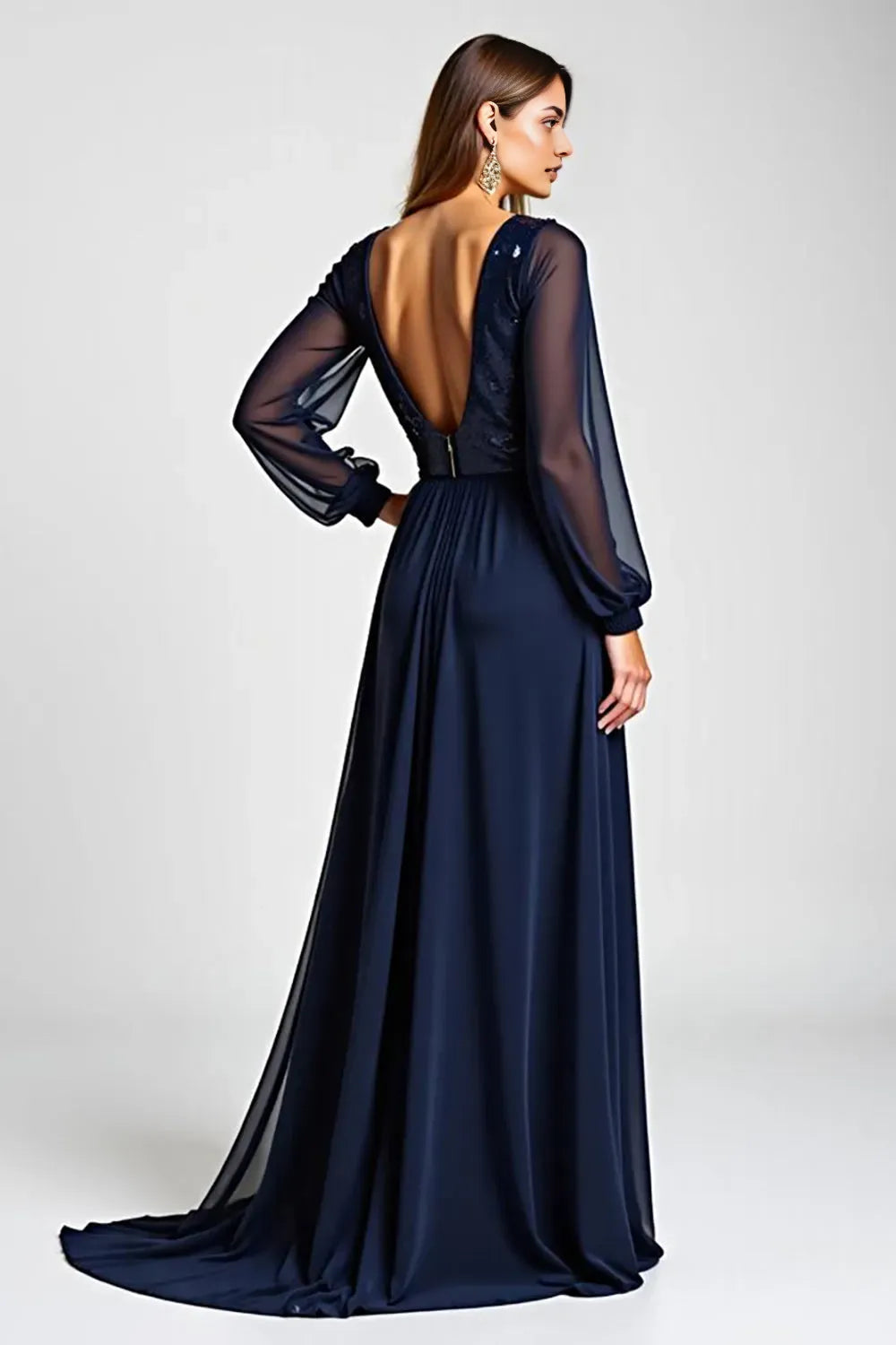 Chiffon Navy Long Sleeves Mother of the Bride Dress with Sequins ﻿