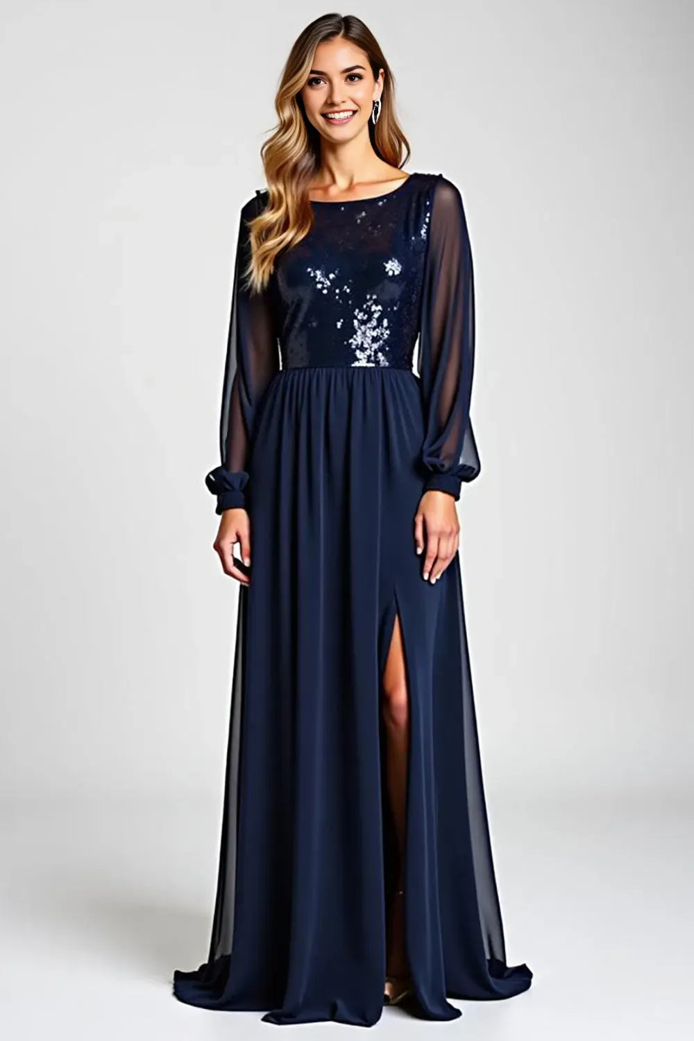 Chiffon Navy Long Sleeves Mother of the Bride Dress with Sequins ﻿