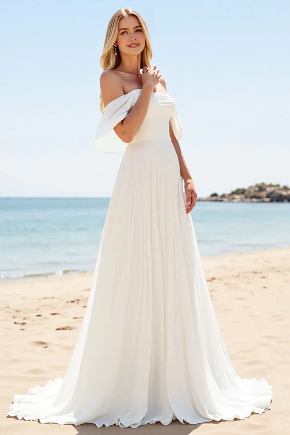 Chiffon Off the Shoulder Long Wedding Dress with Slit