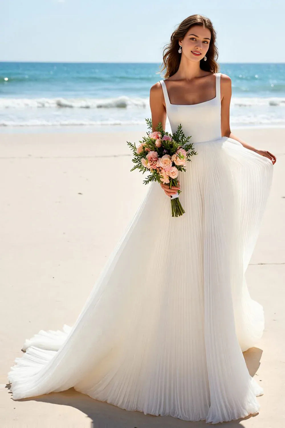 Chiffon Scoop Neck A Line Sweep Train Wedding Dress