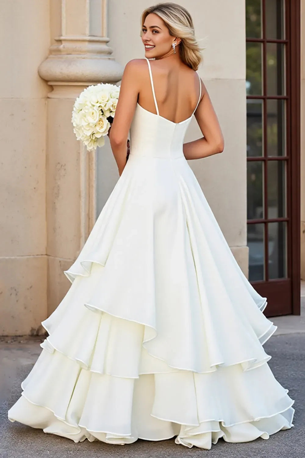 Chiffon Spaghetti Straps Long V-Neck Wedding Dress with Ruffles ﻿