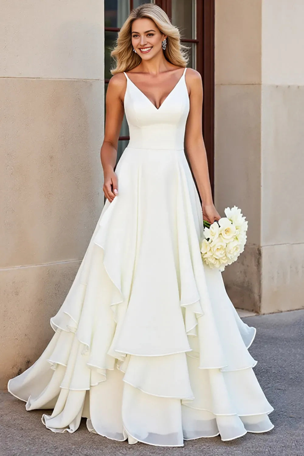Chiffon Spaghetti Straps Long V-Neck Wedding Dress with Ruffles ﻿