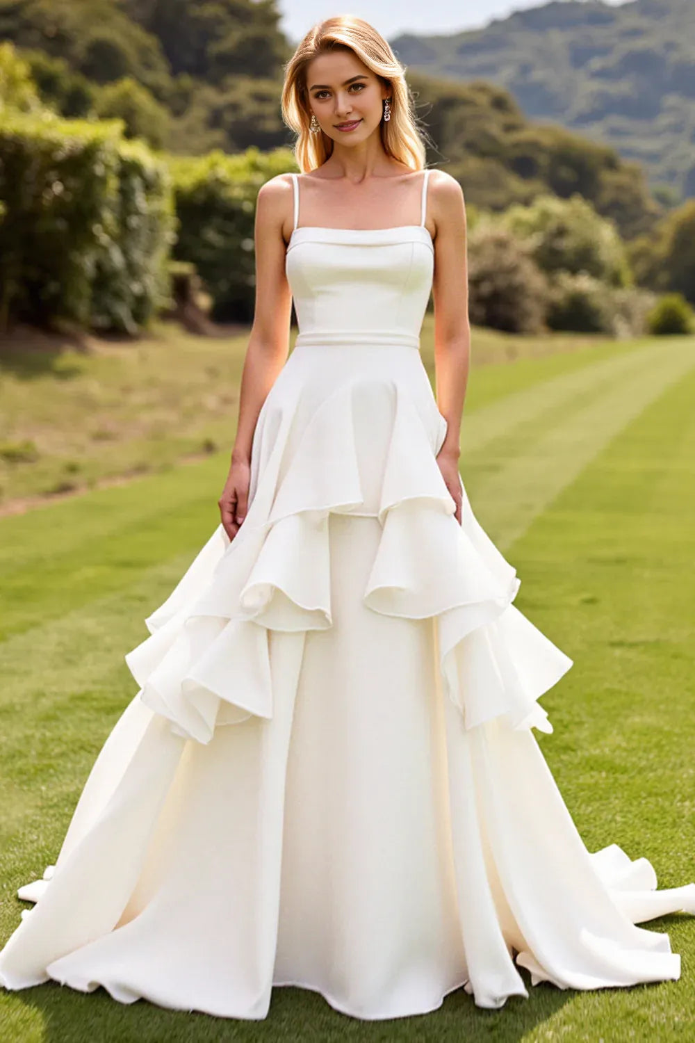 Chiffon Spaghetti Straps Sweep Train Wedding Dress with Ruffles