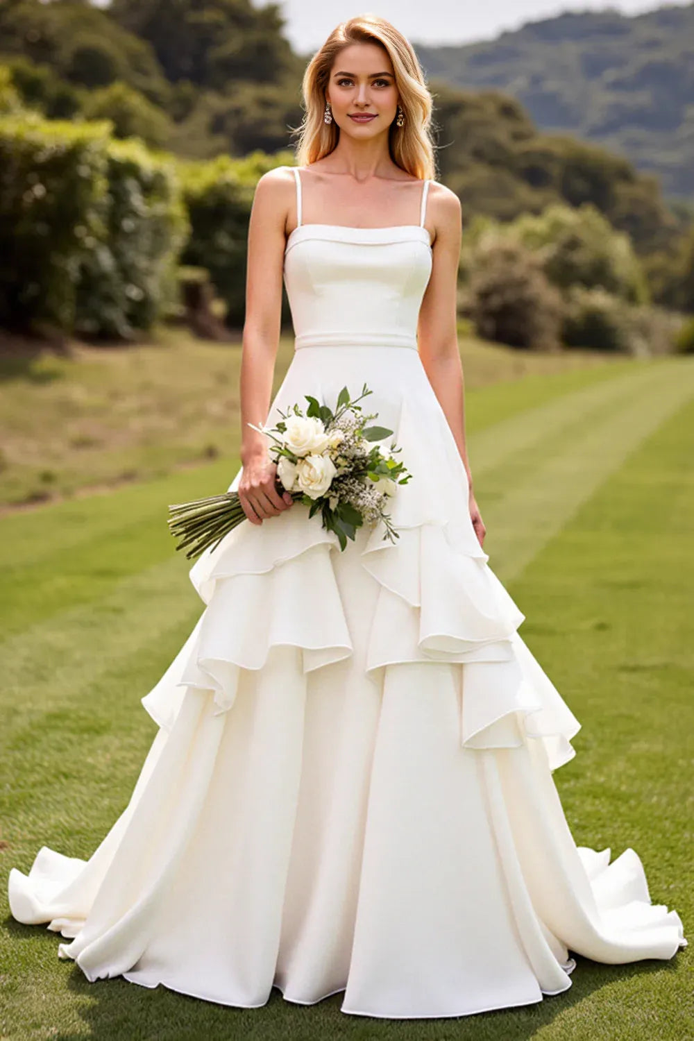 Chiffon Spaghetti Straps Sweep Train Wedding Dress with Ruffles